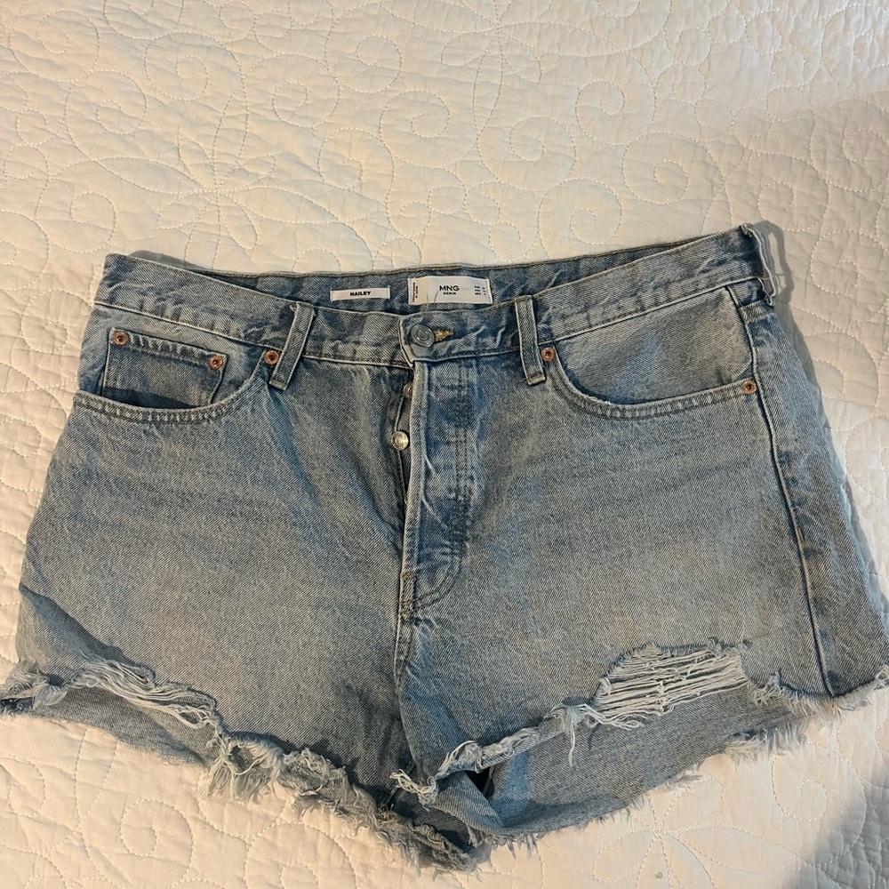 Mango Blue Jean Shorts with Distressed Raw Hem